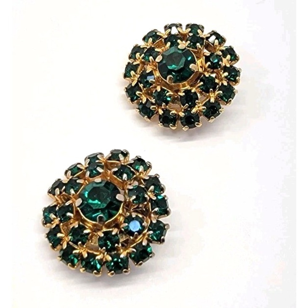 CORO Green Rhinestone‎ Gold Tone Round Dome Clip On Earrings Unsigned